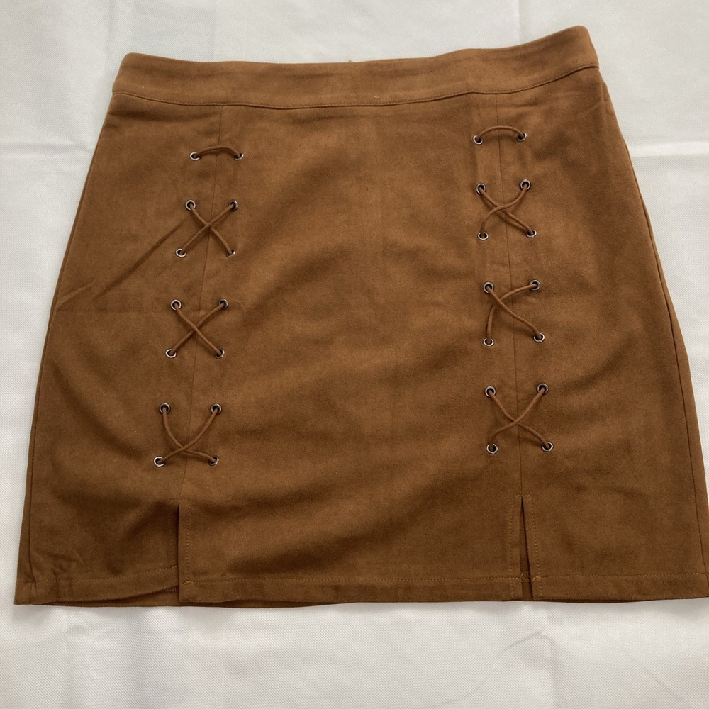 Mangopop Brown Faux Vegan Suede Mini Skirt XL A Line Lace Up Boho Festival